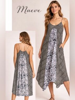 Maeve XS Silk Blend Handkerchief Hem Slip Dress Gray Zigzag Floral 36 Bust